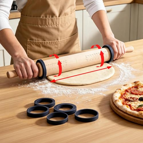 SUPER KITCHEN Trä kavel med Handtag: Träkavel med Måttmarkeringar & 5 Silikonringar för Justerbar Tjocklek - Non-Stick Yta - Ergonomiskt Handtag - för Bakning av Deg/Pizza/Kakor – 53,6 cm