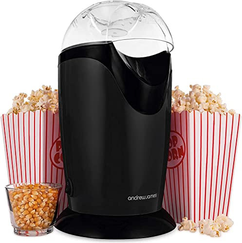 Andrew James Popcorn Maker Machine, Healthy Air Popper, Popcorn Machine with 8 American Cinema Style Boxes, 1200W, Black