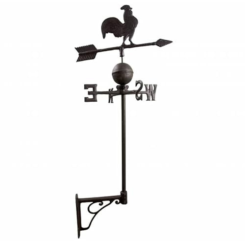 Girouette Murale avec 4 Points Cardinaux Motif Coq sur Une Flèche en Fonte Patinée Marron 41x41x97cm