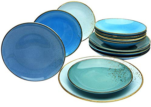 CreaTable, 20966, Série NATURE COLLECTION AQUA, ensemble de vaisselle, set de 12 assiettes.