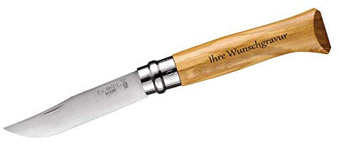 OPINEL-Messer, Größe 8, rostfrei, Olivenholz (mit Gravur auf dem Griff, Größe 8)