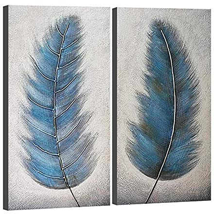 Wieco Art Large 2 Panels Abstract Grey Blue Feather Oil Paintings on Canvas Wall Art for Living Room Bedroom Home Decorations Modern 100% Hand Painted Contemporary Landscape Artwork