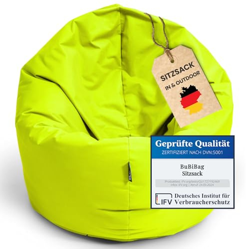BuBiBag 2in1 Sitzsack L - XXL mit Füllung für Kinder & Erwachsene, Gaming Beanbag & Bodenkissen für Indoor & Outdoor Sessel Pflegeleicht & Wasserabweisend 2XL UNIVERSELL (Ø 145 cm Lime)