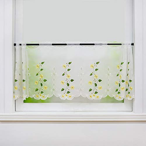HeichkelL Voile Scheibengardine Landhausstil Transparente Kurzstores Bestickte Gardine Küche Hohlstickereien Kurzgardine Kaffeevorhang Gelb H×B 60×150 cm