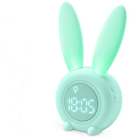 Lanchamp réveil numérique fort pour les enfants mignon lapin lapin avec affichage de la température, répétition, commande vocale, veilleuse temporisée, lampe de chevet de table, un bon Cadeau (Vert)