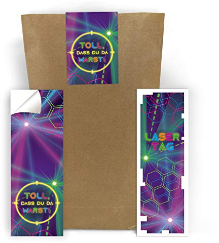 8 Lesezeichen + 8 Geschenktüten + 8 Aufkleber Lasertag Laser tag Mitgebsel Gastgeschenk beim Geburtstag Kindergeburtstag Mädchen Jungen