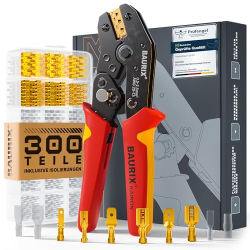 BAURIX® Crimpzange für Flachsteckhülsen 0,50–2,50 mm² – 300 Steckverbinder Set – Elektriker Werkzeug für zuverlässige Kabelverbindungen – KAIRON