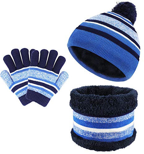 TAGVO Kinder Mütze Schal Handschuhe Set 3 in 1 Dickes Fleece Strickmütze Thermo Strickmütze für Kinder 3-6 Jahre Winter Zubehör