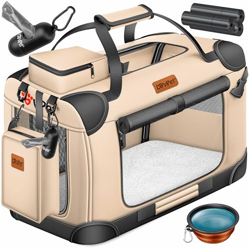 LOVPET® Transportbox Hund Katze Transporttasche S 50x34x36cm | Hunde-Tragetasche Faltbare Katzentasche | Haustier-Transportbox inkl. Hundenapf & Schultergurt | für Katzen & Hunde Beige