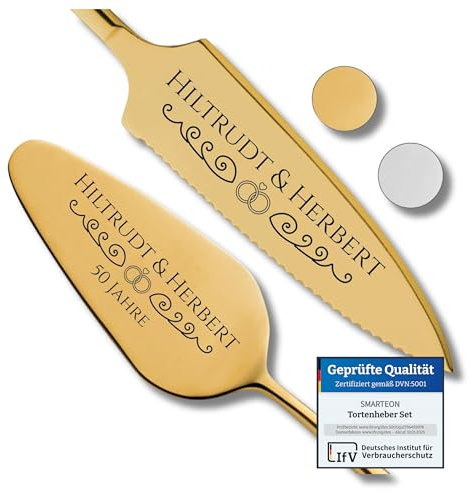 SMARTEON Let's Eat Cake Cake-Server Set mit Tortenmesser und Personalisierter Gravur – Hochzeitsgeschenke für Brautpaar, Geburtstag, Jubiläum, Geschenkidee für Paare – Goldfarbenes Set in Geschenkbox