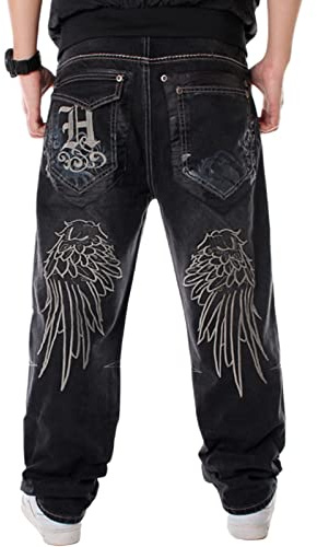 Y2k Baggy jeans för män grunge vintage avslappnad passform skateboard jeans löst broderi hiphop dans denimbyxor, E #svart, 50