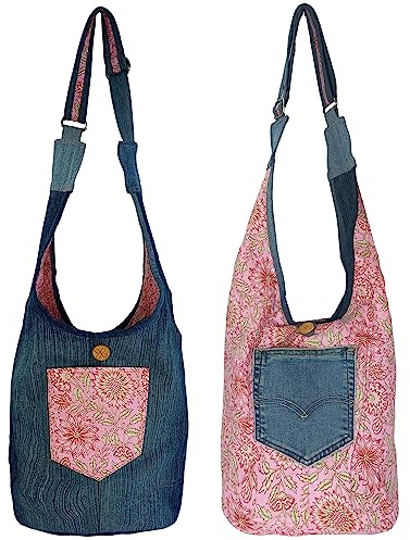 Sunsa Damen nachhaltige Hobo Tasche. Umhängetasche aus recycelte Jeans & Baumwolle. Boho Blumig Crossbody Bag Jeanstasche beidseitig verwendbar.