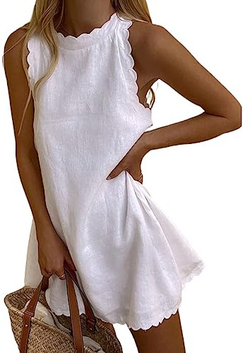 Women Sleeveless Tank Dress Linen Solid Halter Scallop Casual Mini Dress Back Zipper Summer Beach Tank Dress Sundress (A-White, S)