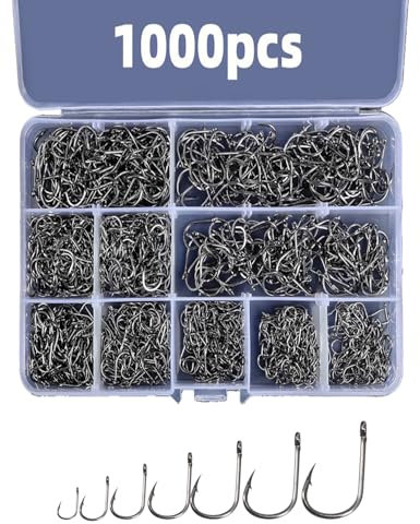 ZLXHDL Angelhaken, 1000 Stück Kohlenstoffstahl Angelhaken, 3 Bis 12 Größen, Mit Widerhaken, Annahme von Rohrbefestigungsringen Für Das Angeln Im Meer Und Im See