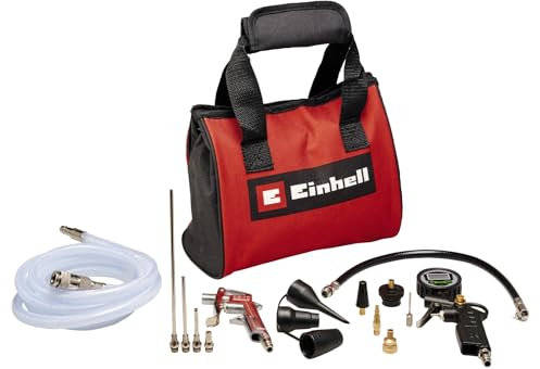 Original Einhell 15-Piece Compressed Air Set with Bag (Compressor Accessories, Includes 1x Blow Gun, 1x Digital Tyre Inflator, 2.5 m Fabric Hose, 8X Adaptors, 1x Bag)