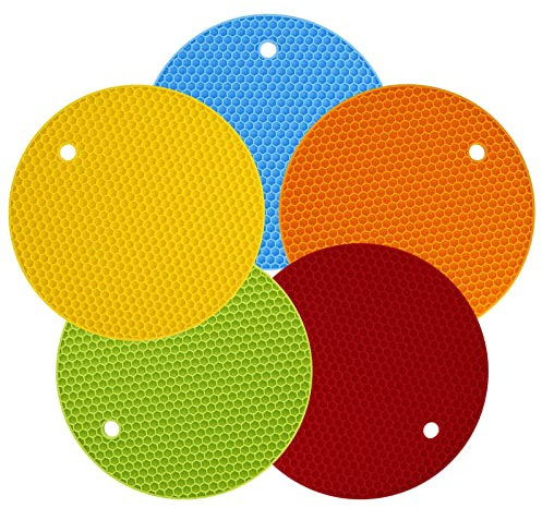 SerendipitousWhisper 5 Piezas Salvamanteles de Silicona Redondo Resistentes al Calor Sostenedor de Pote de Silicona Estera Antideslizante Silicona Trivets Almohadillas Calientes Multiuso