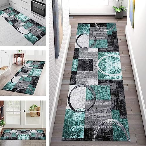 Rutschfester, waschbarer Läufer, langer Polyester-Teppich für Flur, 50 x 100 cm, Küchenläufer, Grau, Türkis, Schwarz, Flur, Schlafzimmer, Wohnzimmer, Eingangsbereich, Bodenmatte, rutschfeste
