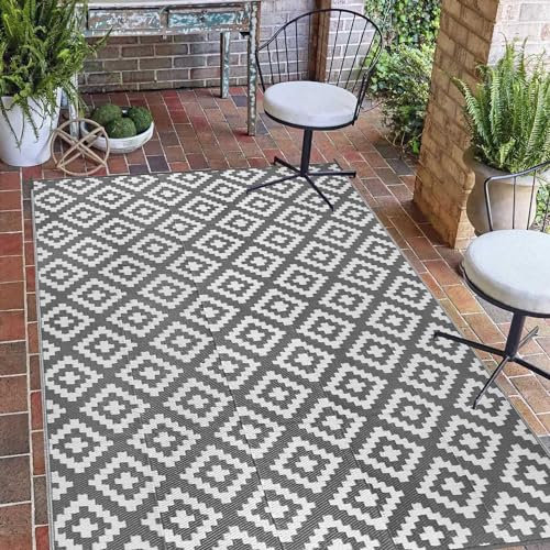 Großer wendbarer Outdoor-Teppich, wasserdicht, Terrassenteppich, langlebig und tragbar, für Innen- und Außenbereich, für Deck, Strand, Camping, grau/weiß, Kunststoff-Strohteppich, 270 x 360 cm