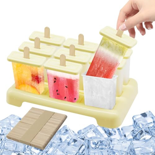HASAIKA® Molde para Helados, DIY Molde Helado, 9 piezas Cavidades Moldes para Helados con Palo, Reutilizable Moldes para Helados de Grado Alimenticio, Beige