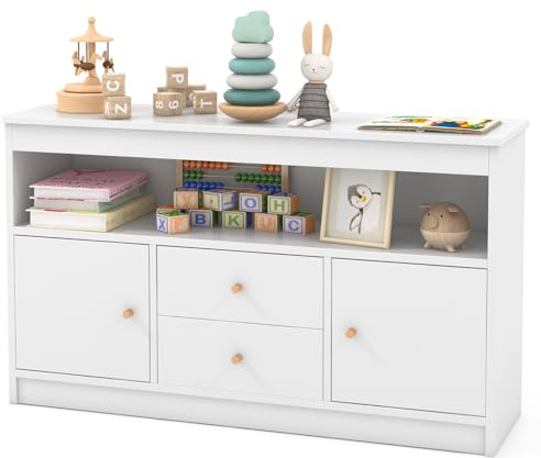 GOPLUS Organizador de Almacenamiento de Juguetes para Niños, Estantería con 2 Cajones, 2 Gabinetes Cerrados y 1 Compartimento Abierto, Mueble de Madera para Sala de Juegos (Blanco)