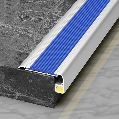 Treppenkantenprofil mit LED-Kanal, rutschfeste Treppenkantenleiste mit Gummistreifen, Aluminium Treppenkantenschutz für Betonfliesen, Holz- und Metallstufen, Breite 6 x 2,4 cm(Blue,100cm/39in)