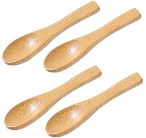 Piriuuo Lot de 4 petites cuillères en bois - 9 x 2,1 cm - Mini cuillères à épices avec manche court - Cuillère à miel ronde - Petites cuillères à café - Protection de l'environnement - Pour sel, sucre