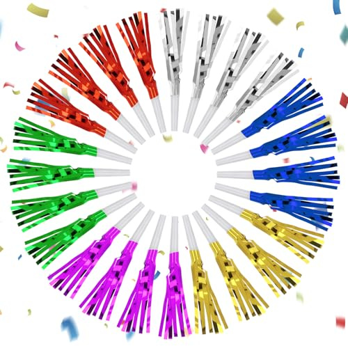24 pezzi colorati rumorosi con frange metalliche glitterate, soffiatori rumorosi per feste, 5 colori assortiti, fischietto, per adulti, compleanno, laurea, Capodanno, bomboniere forniture