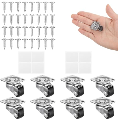 Mabor Small Caster Wheels 8Pcs Soft Rubber Swivel Caster Low Profile Self Adhesive/Screw Mounted Wheels with 360 Degree Plate for Small Appliances Furniture Kitchen Planters