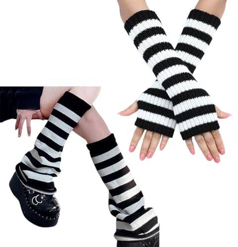 DUOJINSANXI Women’s Striped Leg Warmers & Arm Warmers Set – Knitted Y2K Goth Harajuku Style Accessories for Cosplay