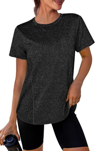 Crewhpo Maglietta Sportiva Donna Traspirante Maglia Palestra Maniche Corte Top Sportivo Fitness Girocollo Magliette Tecniche Asciugatura Rapida T Shirt Trekking per Yoga Tennis Golf Jogging Nero L