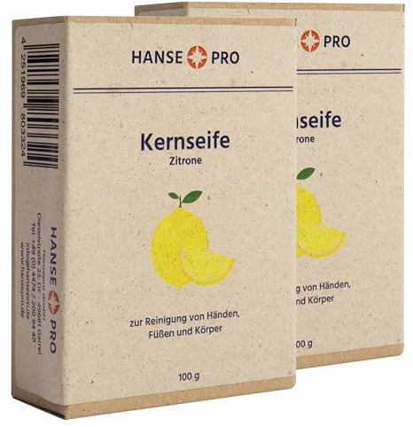 HANSE PRO Kernseife – Naturseife auf Pflanzenölbasis, vegane & palmölfreie Seife ohne Zusatzstoffe, erfrischend & hautschonend für empfindliche Haut - einzeln im Karton verpackt (2, Zitrone)