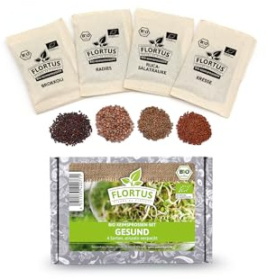 FLORTUS BIO Sprossen Set Gesund mit 4 Sorten Keimsaat | Brokkoli, Radieschen, Ruccola, Kresse | Sprossen & Microgreens Starter Set | Sprossen Samen zur Anzucht im Keimgerät | Sprossen selber ziehen