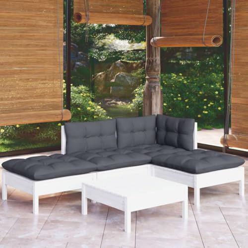 Mokuyary 5-TLG. Trädgårdsloungeset med kudde, vit furu, trädgårdsmöbelset, utomhus, balkongset, terrassmöbler, trädgårdslounge, sittgrupp för terrass, balkong, trädgård – A