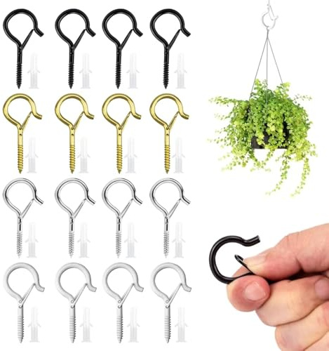 16 Pcs Screw In Hooks, Heavy Duty Q Hanger Hooks with Safety Buckle, Screw Hooks for Outdoor Wood Wall Fence Ceiling, Wall & Ceiling Hooks for String Lights Plants Bird Feeders Cups (Multi-Color)
