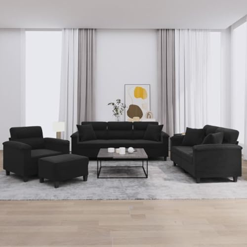 Generisch 4-TLG. Sofagarnitur mit Kissen Schwarz Mikrofasergewebe,Möbel,Sofas-3202311