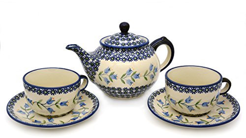 Original Bunzlauer Teeservice aus Teekanne 800 ml und 2 Tassen 200 ml mit Untertassen, Dekor Agnes