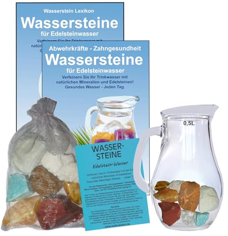 Wassersteine EDELSTEINWASSER Set 300g EDELSTEINE zum energetisieren. Steine für MAGEN & DARM + 0,5L Glaskrug Karaffe. 5-tlg Set zur Wasseraufbereitung und Wasserenergetisierung. 90043-1