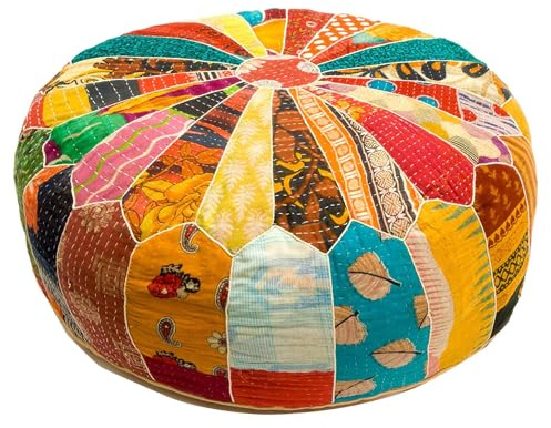 Mandala Life ART Indian Vintage Colorful Pouf Ottoman Cover Handmade Round Floor Cushion Pillow Patchwrok Recycled Cotton Bohemian Room Décor for Yoga and Boho Chic Seating Area 24x8 Unstuffed