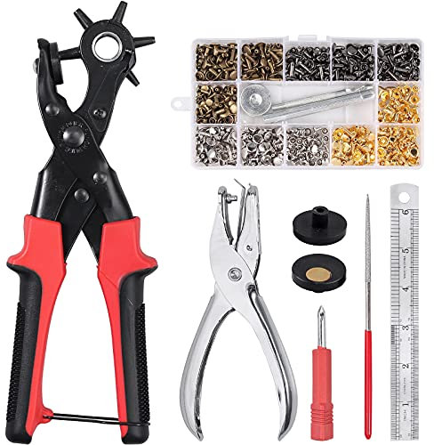 Kamtop Lochzange Revolverlochzange Gürtellochzange mit mit 240 stück Ledernieten Doppelkappe Niet Leather Revolverlochzange Hebelübersetzung Lochzange Punch Pliers Puncher für Kunsthandwerk Gürtel