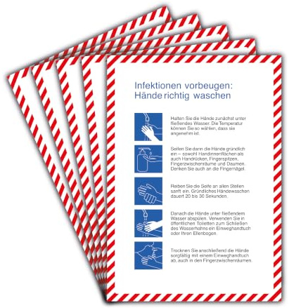 STROBO 5 Stück Aufkleber Infektionen vorbeugen als DIN A4 29,7 x 21,0 cm | Sticker mit geschlitzter Rückseite für den Innen- und Außenbereich | UV-Schutz, Wind- und Wetterfest