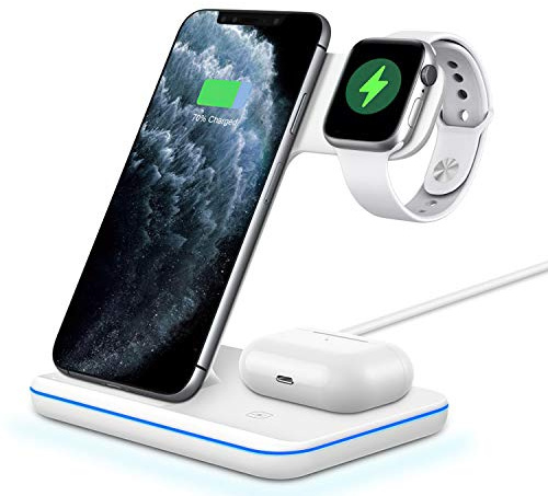 Senelux Wireless Charger, 15W Qi Fast Wireless Charger Station Compatible with iPhone 12/12 Pro/11 Pro/11Pro Max/XS Max/XR Galaxy Note 10+/S10+ Huawei P30 Pro Airpods Pro 2 1 Apple Watch - White