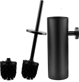 EXLECO Edelstahl Toilettenbürste WC Bürste mit Ersatzbürste Wasserauffangbehälter Klobürste und Behälter Set Wandmontage Stehen mit Deckel Langer Stiel Badezimmer Accessoires WC Garnitur Matt Schwarz