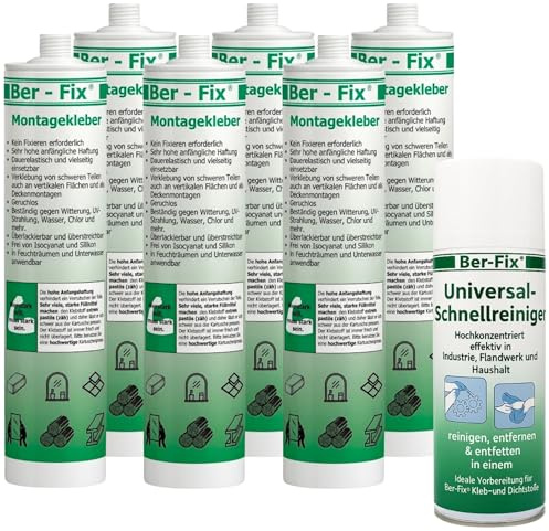 Ber-Fix Montagekleber Weiß 6er Pack + Universalreiniger | Montagekleber + Universalreiniger weiß mit Universalreiniger Set: Montagekleber für Kleben statt Bohren