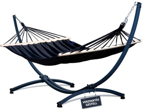 Potenza Outdoor Hängematte mit Gestell für 2 Personen I Stabhängematte XXL 220x160, 200kg I Verzinkter Hängemattengestell 220kg Wetterfest (Schwarz, Basic Gestell Graphit)