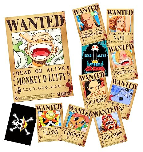 FIDRTH 11 PCS Anime [OP] Wanted Bounty Posters 11×15 IN, Nika Luffy 3 billion Updated Bounty Edition, 10 Straw Hat Pirates Crew Zoro, Sanji, 1 PC [OP] Flag