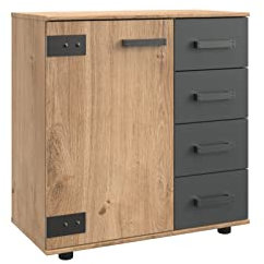 möbelando Kommode Malmö aus Spanplatte in Plankeneiche-Nachbildung mit Absetzungen in Graphit. Abmessungen (B/H/T) 81x83x41 cm