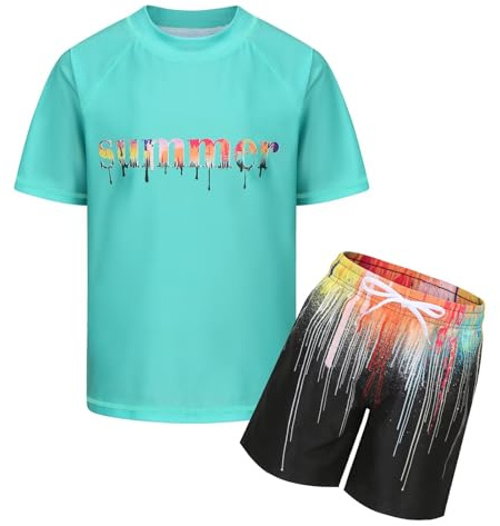 Jungen Kurzarm Badeset UV Shirt+Badeshort Kinder Zweiteiliger Badeanzug Schnelltrocknendes Schwimmanzug 146 152/11-12 Jahre