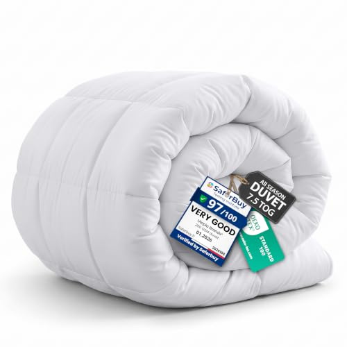 Utopia Bedding All Season Super King Duvet, White | 7.5 TOG coverless duvet with 280 GSM filling, soft polyester, box stitching, corner tabs, and OEKO-TEX® certified.