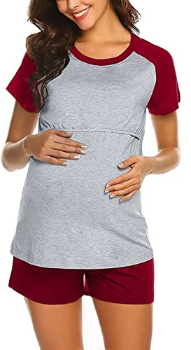 Glücksvogel Stillpyjama Set Damen Kurzarm Umstands Pyjama Zweiteiliger Still Schlafanzug Kurz Sommer Nachtwäsche Stillzeit Sleepshirt mit U Ausschnitt Casual Huasanzug für Schwangerschaft (Red, M)