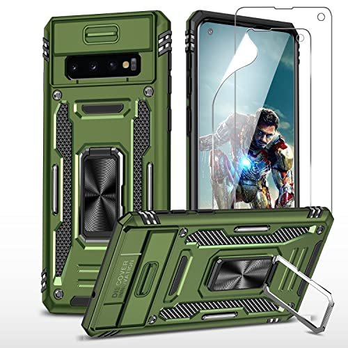 YmhxcY Hülle Für Samsung Galaxy S10, 2 Displayschutzfolien, Slide Camera Cover, Militär Grade Schutzhülle, 360° Drehbarer Metallständer - Olivgrün